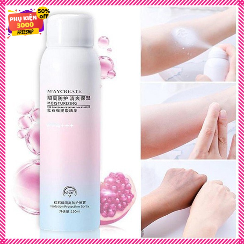 Xịt khoáng chống nắng Maycreate Moisturizing Spray 150ml nâng tone da trắng sáng không bắt nắng xịt toàn thân nội địa