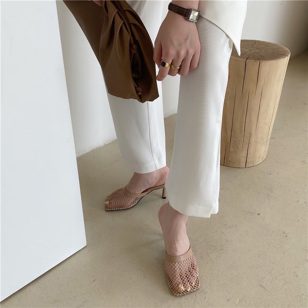 Giày mules lưới mũi vuông cao gót 7cm