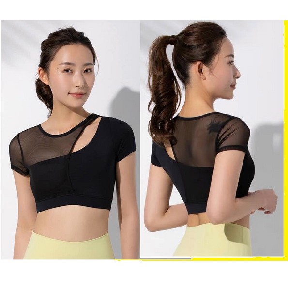Áo Croptop Tập Gym Yoga Lệch Vai Phối Lưới Kèm Mút Siêu Xinh