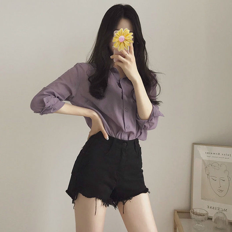 Áo sơ mi nữ tay dài dáng rộng màu trơn đơn giản thanh lịch