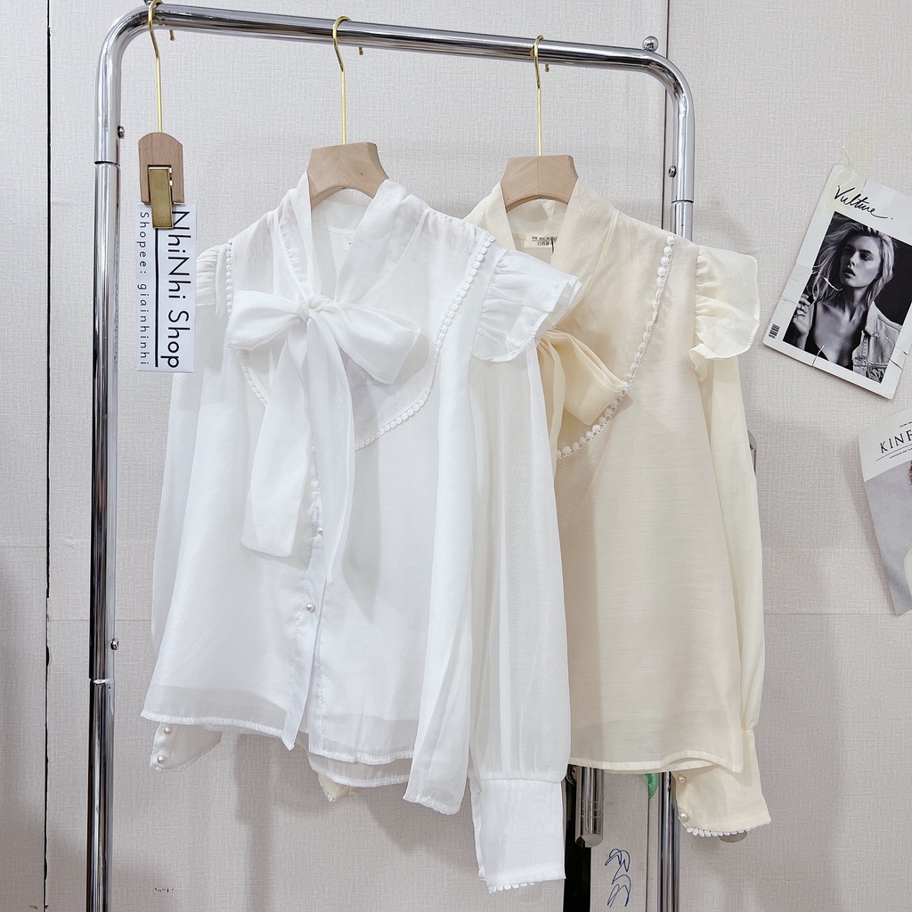 Áo sơ mi von cổ nơ bèo vai, Áo kiểu dài tay cổ buộc nơ thiểu thư SM9381 - NhiNhi Shop