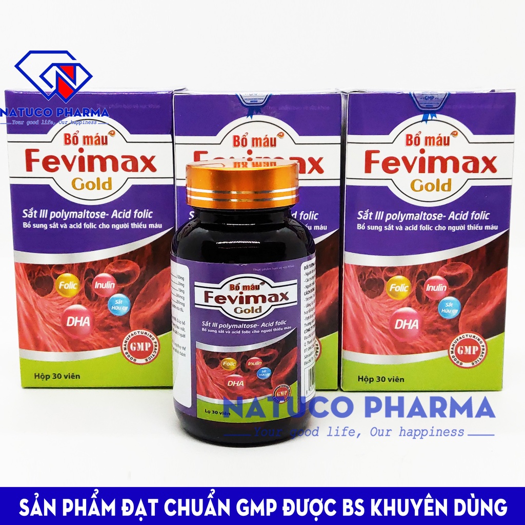 Fevimax Gold Viên uống Bổ máu bổ sung Sắt, Acid Folic cho người thiếu máu não, phụ nữ mang thai và cho con bú - Lọ 30v