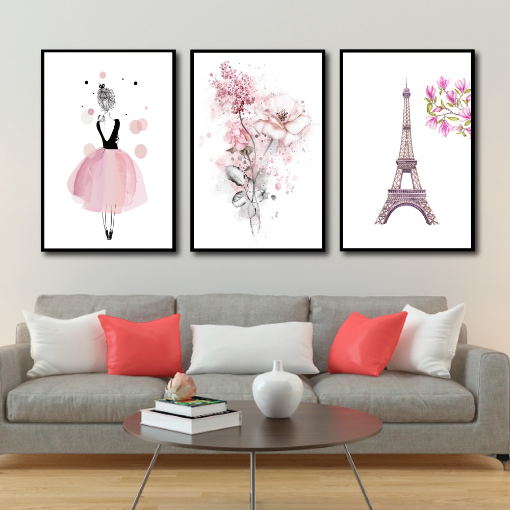 Tranh treo tường canvas cô gái và tháp Eiffel decor trang trí phòng khách &amp; phòng ngủ có khung cao cấp khổ lớn tặng đinh