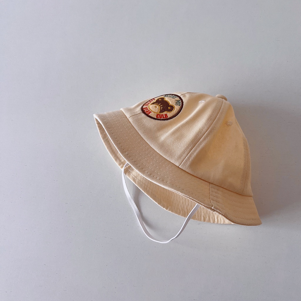 Nón tai bèo vành rộng màu trơn thêu hình gấu dễ thương chống nắng cho trẻ em