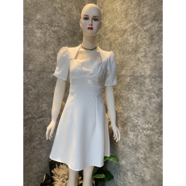 Váy cổ vuông tay bồng rúm sườn 2 màu