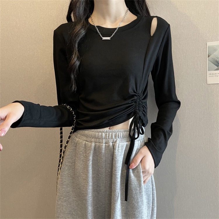 Áo thun tay dài dáng ôm phối dây rút thời trang mùa thu cho nữ