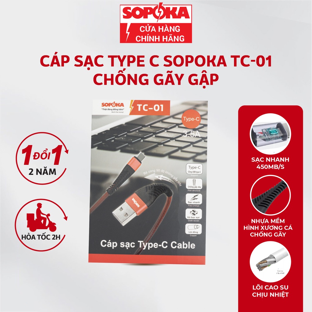 Cáp sạc nhanh Type C SOPOKA TC01 TC02 3,5A tốc độ 450Mb/s 2 màu đen, đỏ
