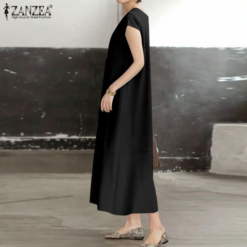 Đầm dài ZANZEA tay ngắn cổ chữ V dáng rộng thời trang cho nữ