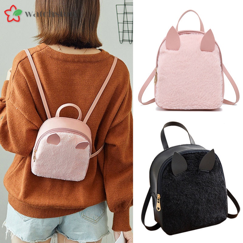 Ba lô mini bằng da PU đính tai thú bông dễ thương cho nữ