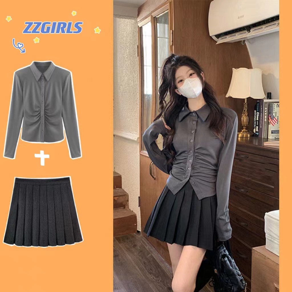 Áo Sơ Mi Tay Dài + Chân Váy Xếp Ly Thời Trang Hàn Quốc Cho Nữ