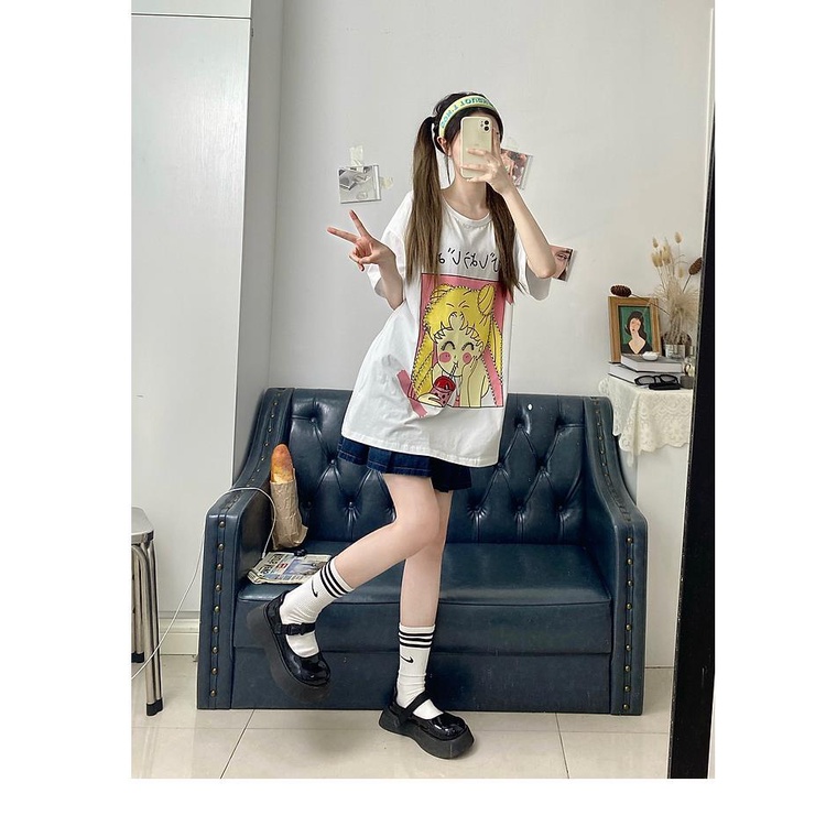 Sailor Moon Áo Thun Ngắn Tay In Hình Thủy Thủ Mặt Trăng Xinh Xắn Cho Nữ