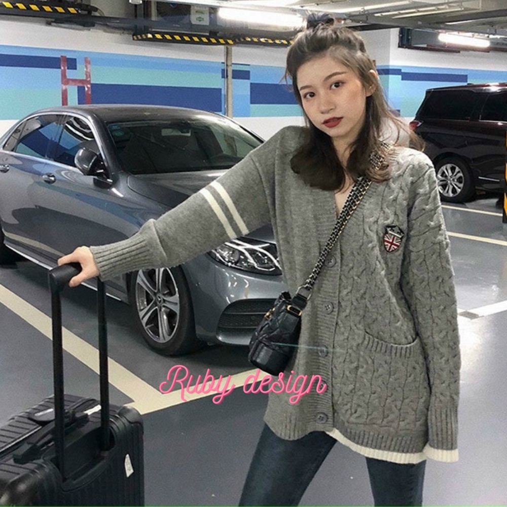 Áo Khoác Len Nữ Màu Ghi Áo Cadigan Len LoGo Form Rộng Hàng QC Phong Cách Hàn Quốc Hot Trend - Ruby design