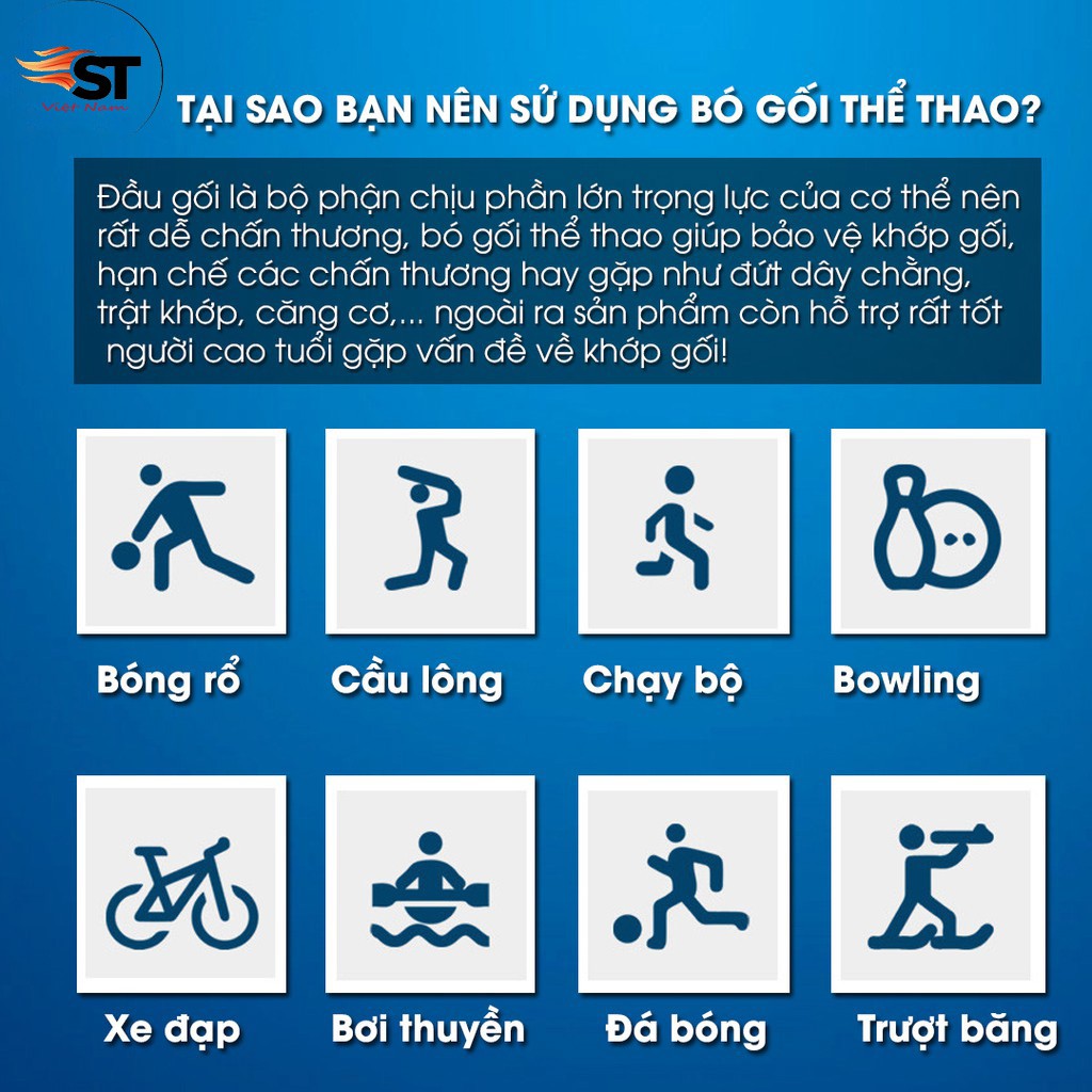 Bó gối thể thao dài, Đai bảo vệ gối Gym, bóng đá, bóng chuyền  - St Việt Nam