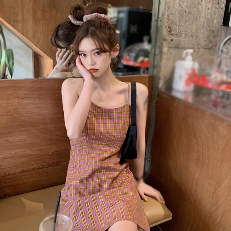 Đầm Dây Họa Tiết Ca Rô Phong Cách Hàn Quốc Nhẹ Nhàng Cho Nữ