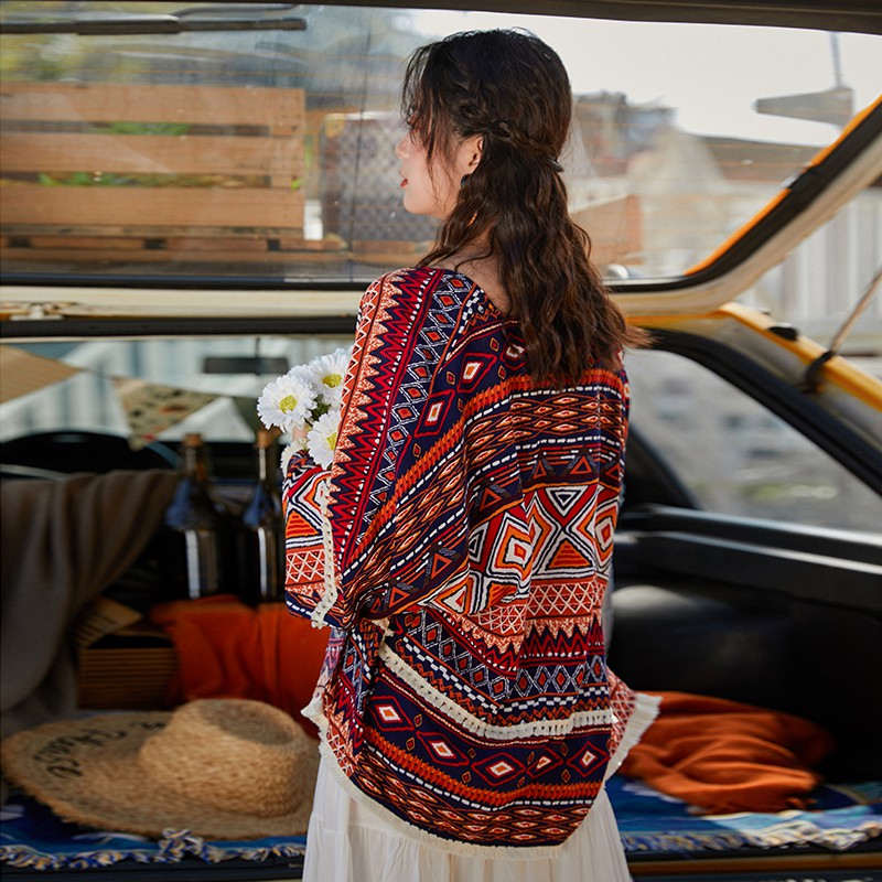 Cardigan voan họa tiết thổ cẩm boho tua rua - MS002 (Có ảnh thật) | BigBuy360 - bigbuy360.vn