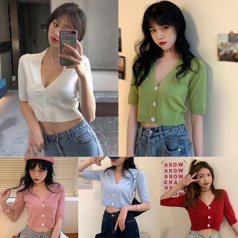 Women's Fashion V-neck Button Short Crop tops Exposed Navel Knitted Short Sleeved T-shirt Cardigan Tops