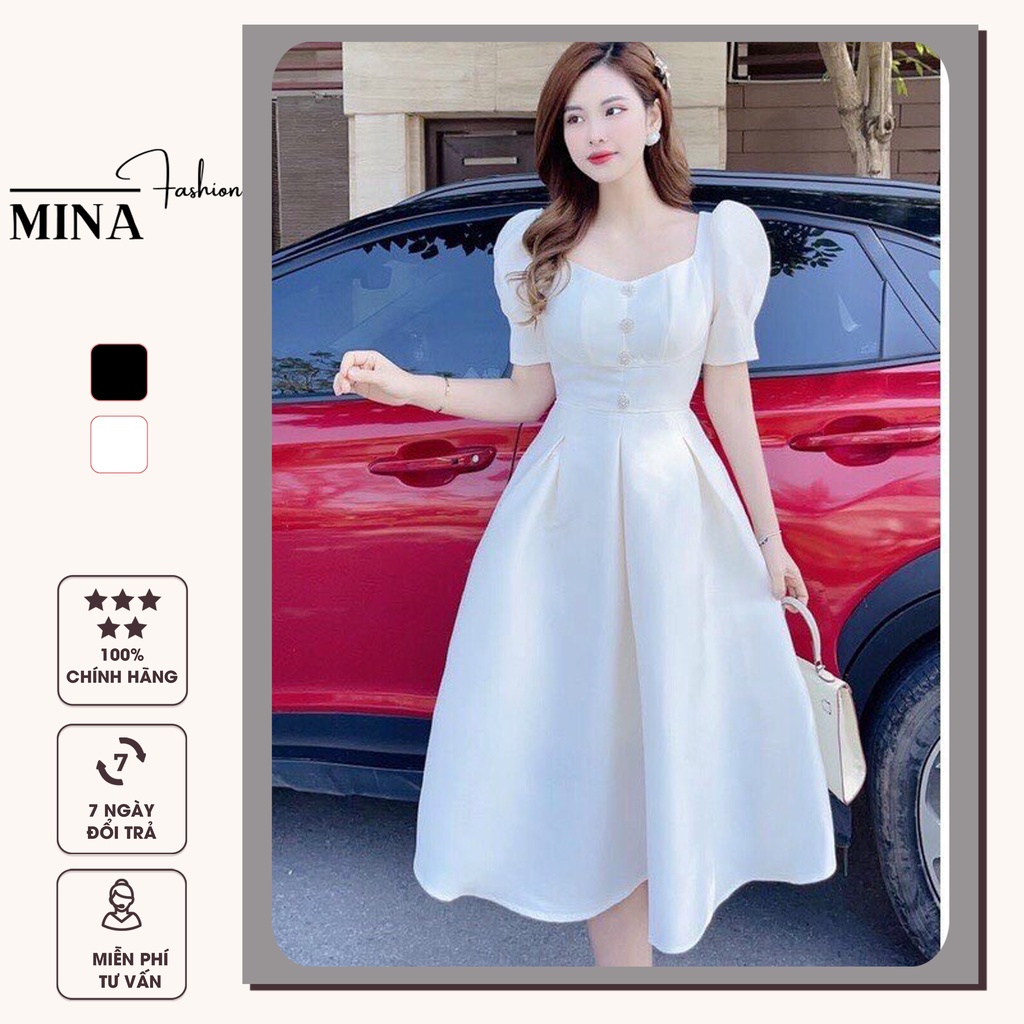 Váy trắng babydoll cúc dáng xoè ulzzang, Đầm cổ vuông tiểu thư trễ vai dự tiệc HIJUNE VD13