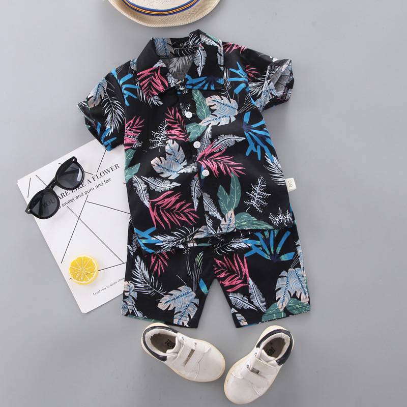 0-5 tuổi Chàng trai Thời trang Mùa hè Trẻ em Áo ngắn tay Boy Lá Mẫu Áo sơ mi ngắn tay + Quần short 2 mảnh