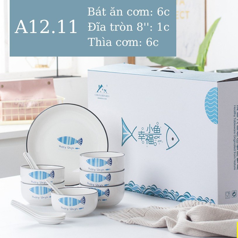 Set bát đĩa, bộ bát đĩa đẹp họa tiết cá xanh kèm hộp quà tặng – set bát đĩa phù hợp cho 2-4-6 người