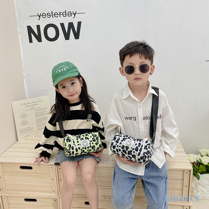 Túi Đeo Chéo Hình Trụ Họa Tiết Da Báo Mặt Cười Thời Trang Dành Cho Trẻ Em