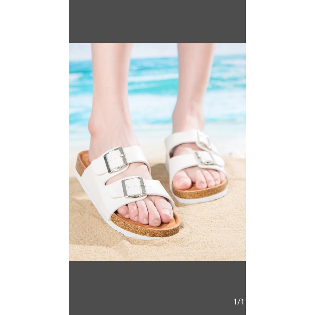Dép sandal 2 khóa da pu trắng đế trấu | BigBuy360 - bigbuy360.vn