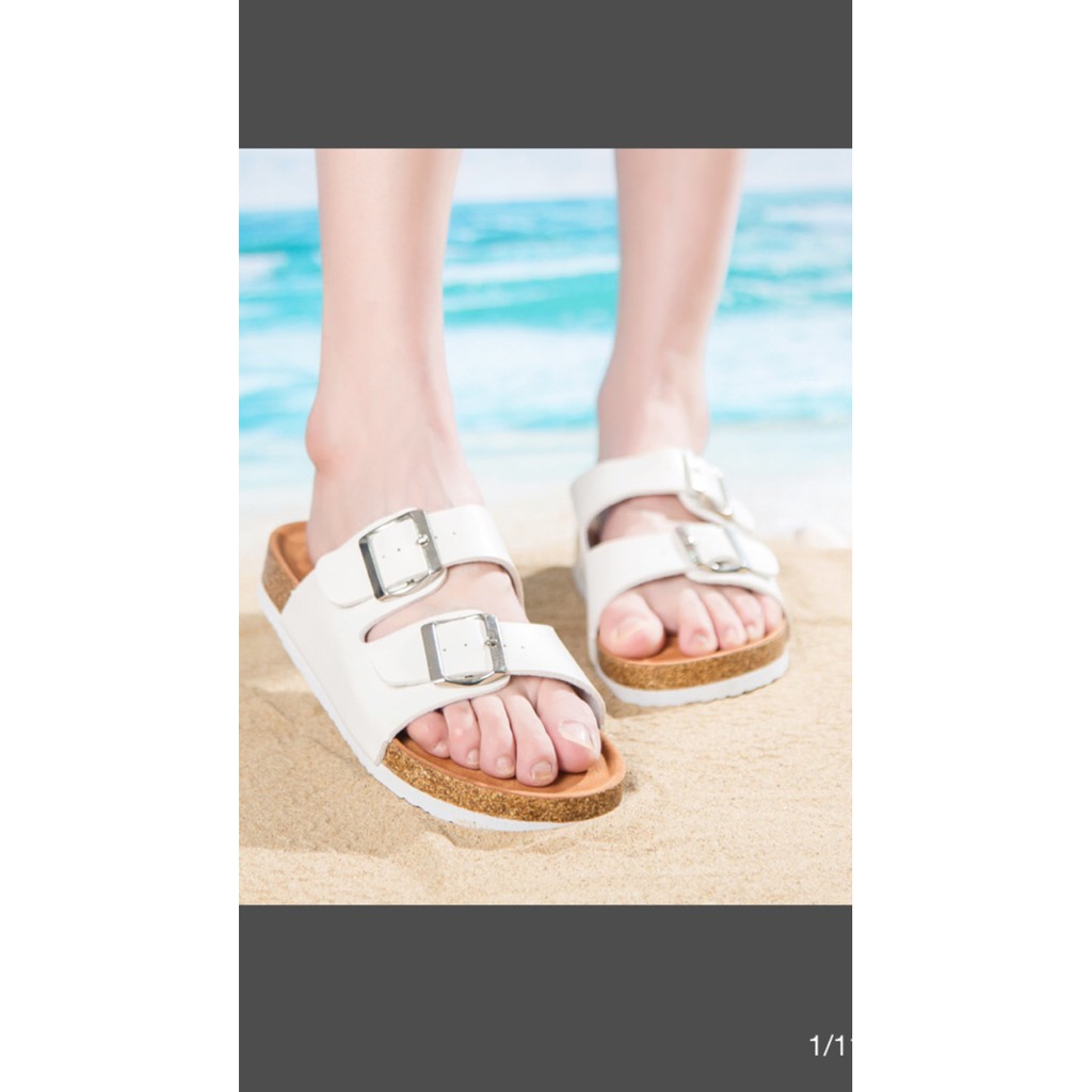 Dép sandal 2 khóa da pu trắng đế trấu | WebRaoVat - webraovat.net.vn