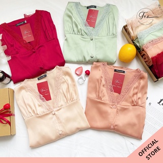 Bộ mặc nhà pyjama lụa Tea Store áo dài quần dài lụa trơn cao cấp phối viền ren