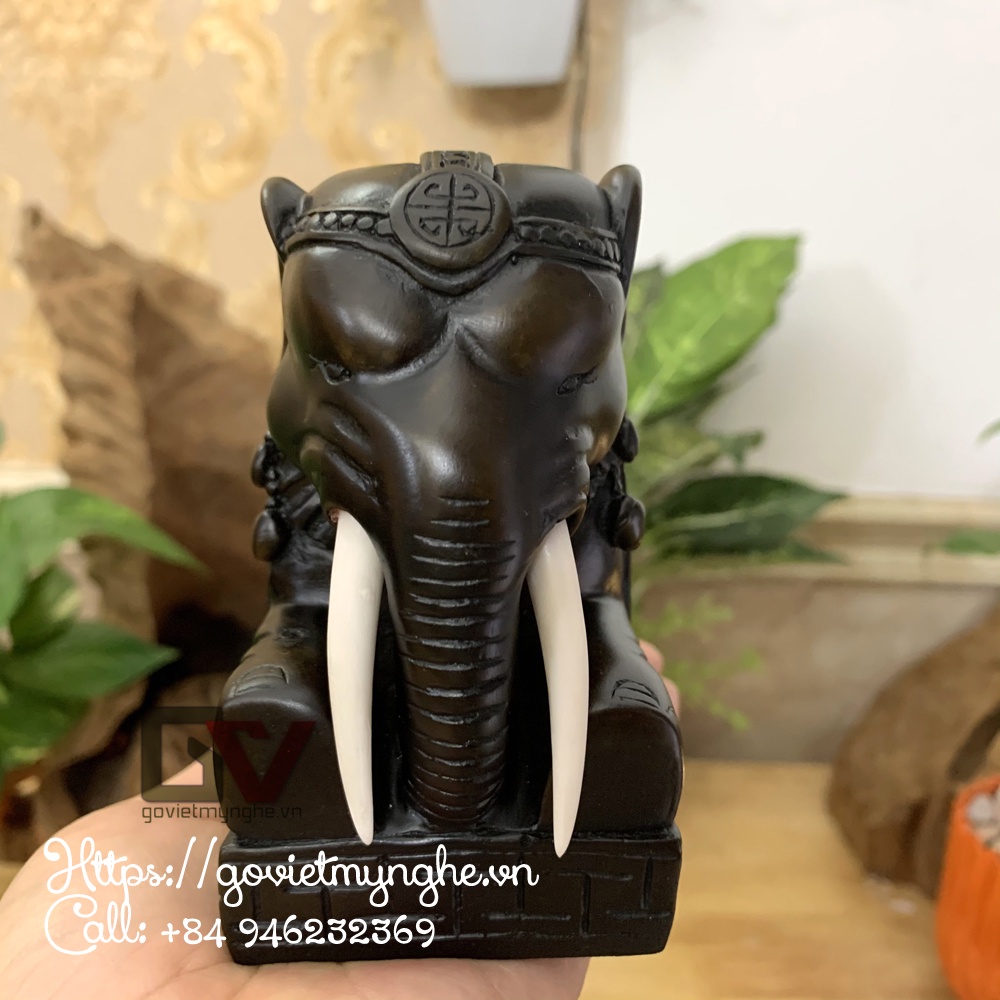Tượng voi đá phong thủy trang trí nhà cửa dáng voi quỳ phục để bảo vệ Gia chủ - Dài 12cm - Màu Nâu Đen