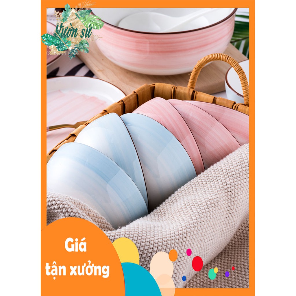 Bát sứ con, bát ăn cơm hoa văn sóng xanh, hồng hàng chất lượng - VS376