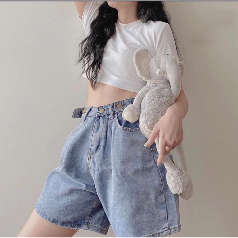 Quần Short Jean Cạp Cao, Quần Jean Đùi Nữ Ngắn Ống Rộng 2 Khuy Lưng Co Giãn Ulzzang, Labibi