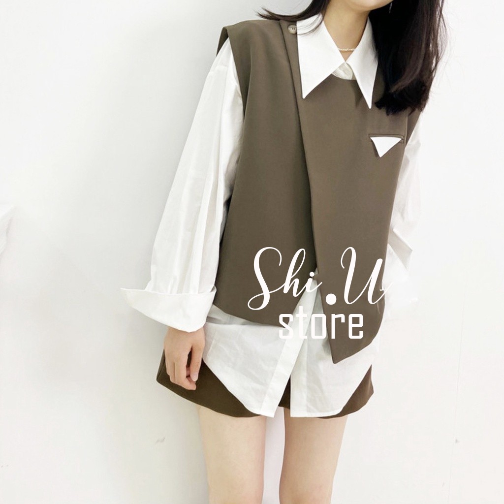 Áo Sơ Mi Trắng Nữ Dáng Rộng Kèm Áo Gile Cài Vạt Chéo Ulzzang Set 2 Món Áo và Gile Thời Trang Hàn Quốc