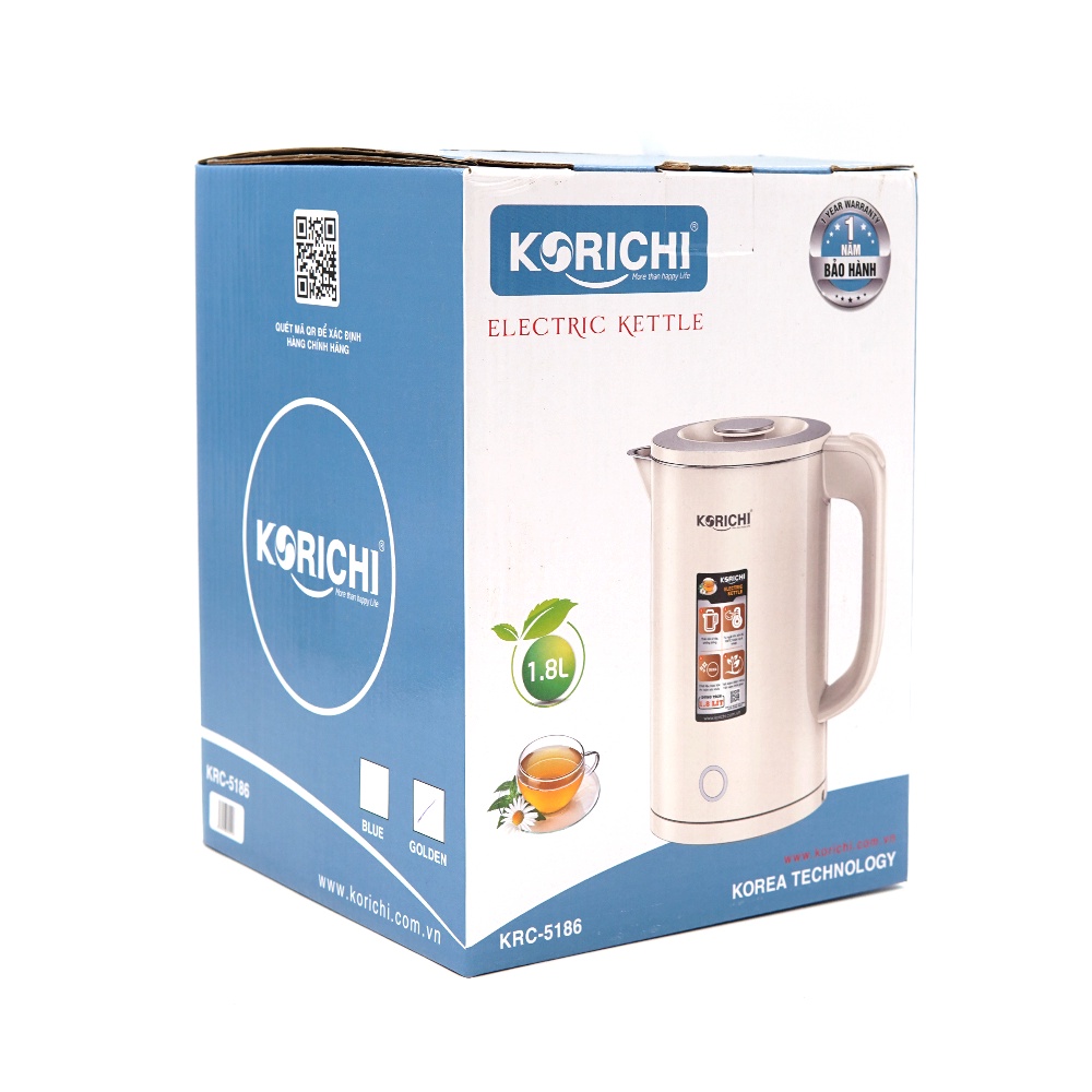 Ấm Siêu Tốc Korichi KRC 5186 - Công Suất 1800W - Tự Ngắt An Toàn Khi Nước Sôi, Chất Liệu Inox 304 Chống Rỉ