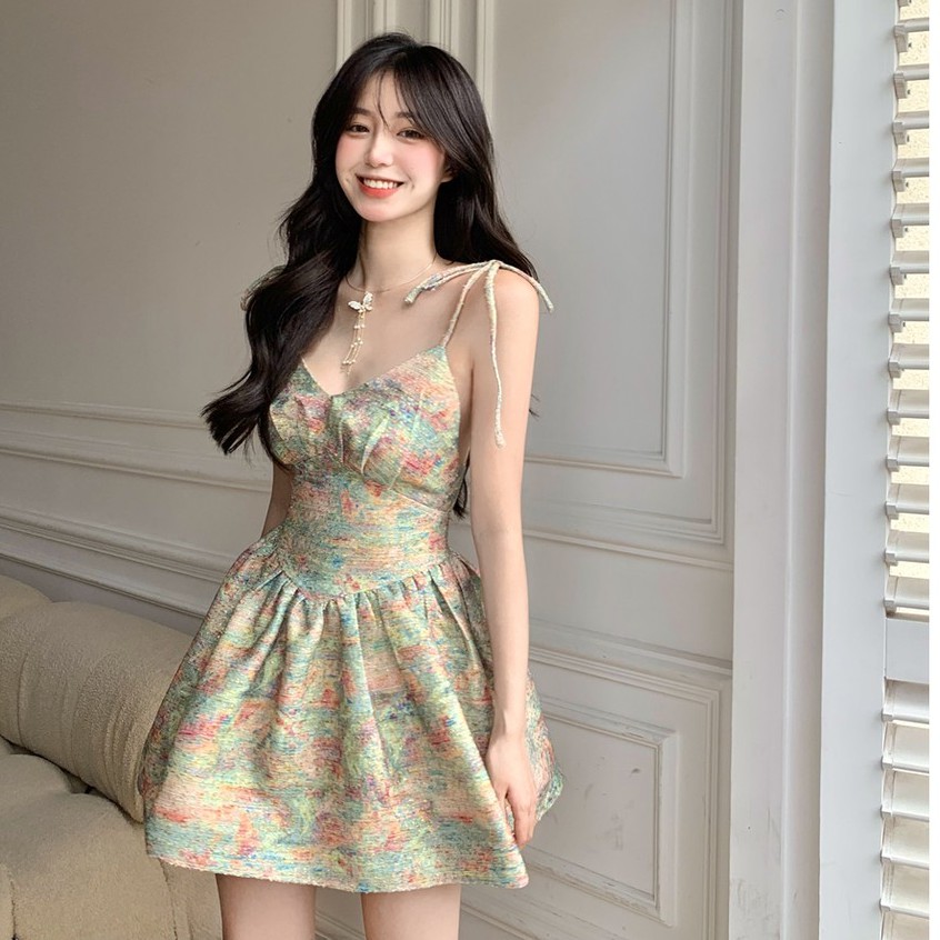 Đầm Hai Dây In Họa Tiết Tranh Sơn Dầu Phong Cách Hàn Quốc Cổ Điển | BigBuy360 - bigbuy360.vn