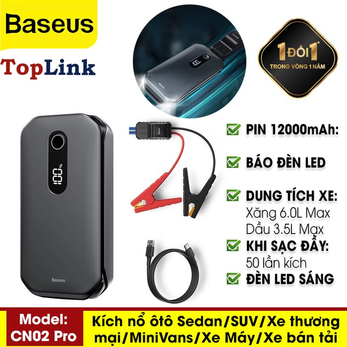 Kích Nổ Oto – Kích Nổ Xe Hơi Baseus Car Jump Starter Dung Lượng Pin 12000mah Sạc Đầy Được 50 Lần Kích Nổ Công Suất 1000A