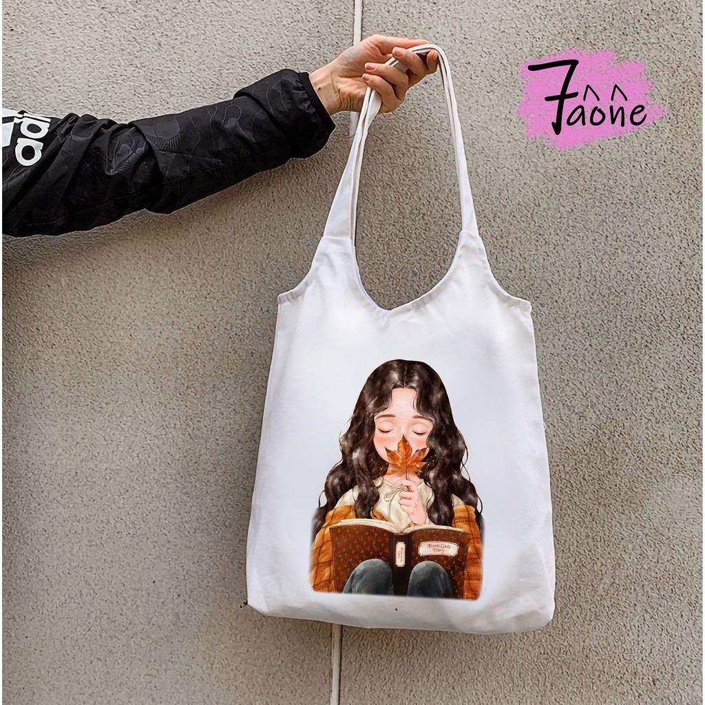 TÚI VẢI QUAI TRÒN CÔ GÁI TÓC DÀI CÓ TÚI CON TOTE VẢI CANVAS