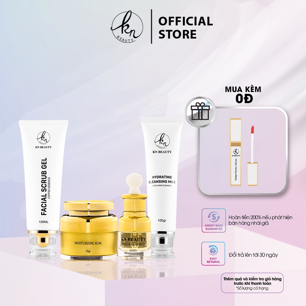 Bộ 4 sản phẩm Trắng Da Ngừa Mụn KN Beauty Kem dưỡng+Serum+Tẩy tế bào chết+ sữa rửa mặt tặng 1 son