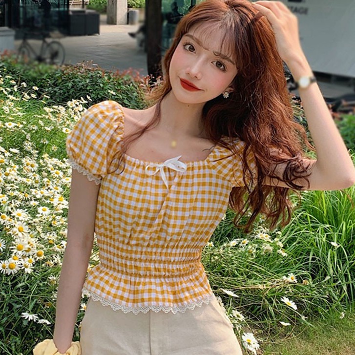 Áo Tay Phồng Cổ Vuông Họa Tiết Ca Rô Xinh Xắn Dễ Thương Dành Cho Nữ