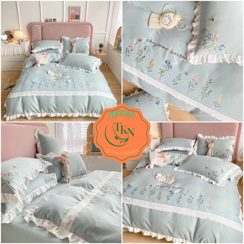 Bộ Chăn Ga Gối Cotton Đũi Thêu Viền Bèo , Set 4 Món Cotton Đũi Hàn Quốc Thêu Tinh Tế Giá Rẻ