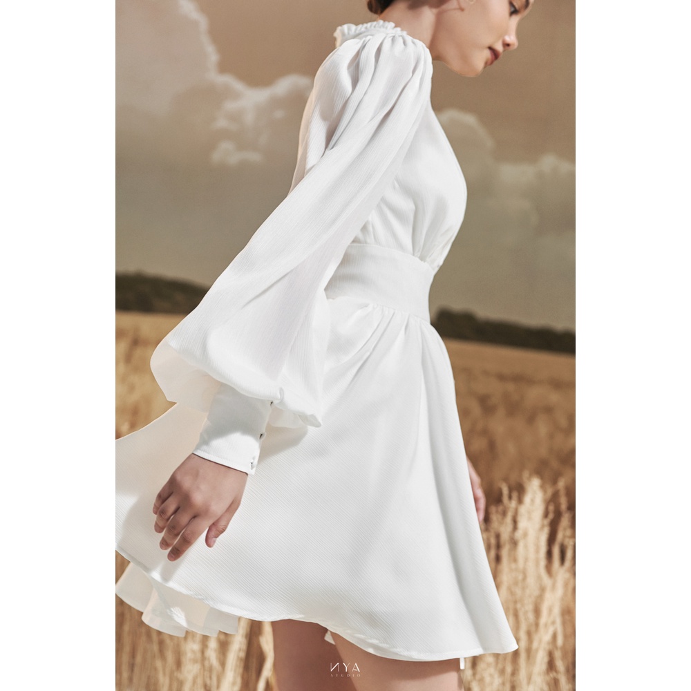 Đầm xòe ngắn tay dài phồng, cổ nhún bèo kín đáo MADELYNN MIDI DRESS | NYA STUDIO