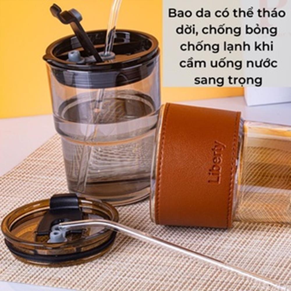 Ly thủy tinh chịu nhiệt nóng lạnh (kèm Vỏ da + Nắp + Ống hút) 400ml KM22051