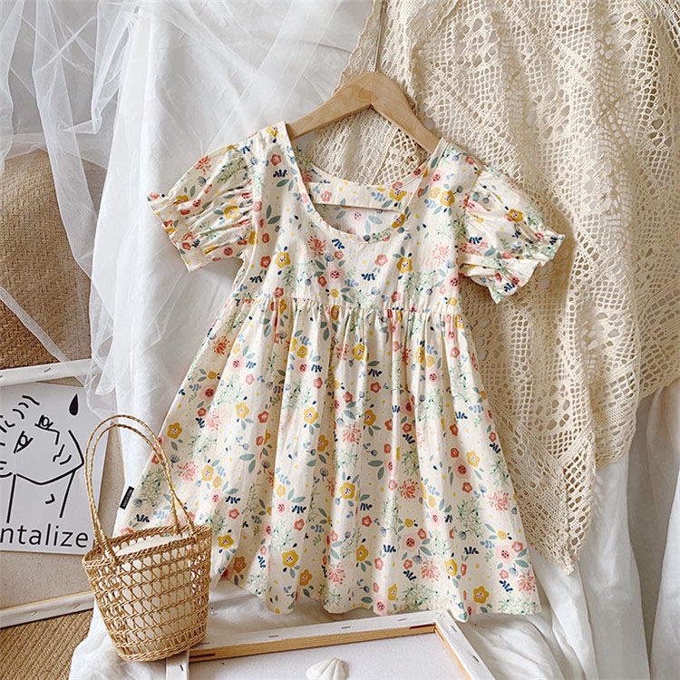 Đầm Công Chúa Tay Ngắn Bằng Vải bông In Hoa Cho Bé Gái 1-8 Tuổi