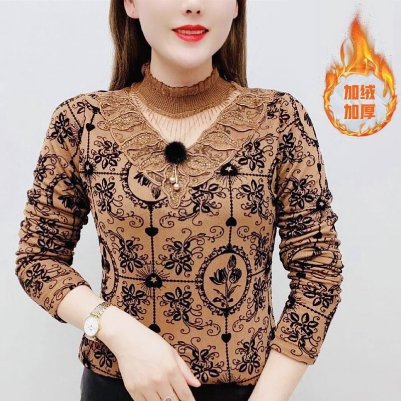 Áo thun trung niên nữ in hoa nót nỉ mỏng giữ nhiệt cổ cách điệu, Áo kiểu cho bà và mẹ