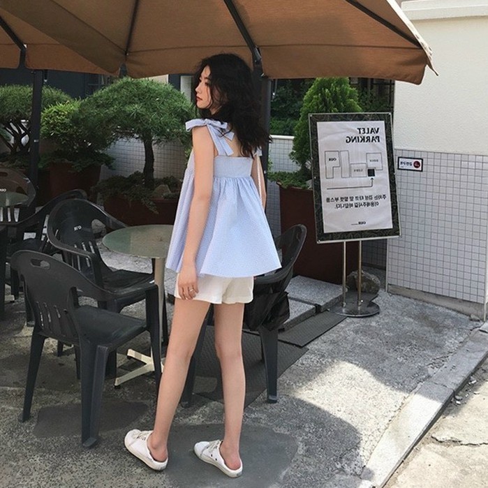 Sét áo babydoll 2 dây buộc nơ kẻ xanh kèm quần sooc trắng dễ thương, đáng yêu (kèm video/ảnh thật) Xưởng Sỉ Nguyễn Hoa