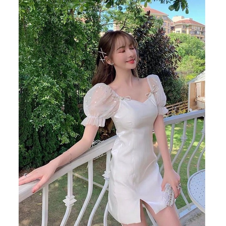 Đầm trắng dáng ôm Emilyshop tay lưới ngắn