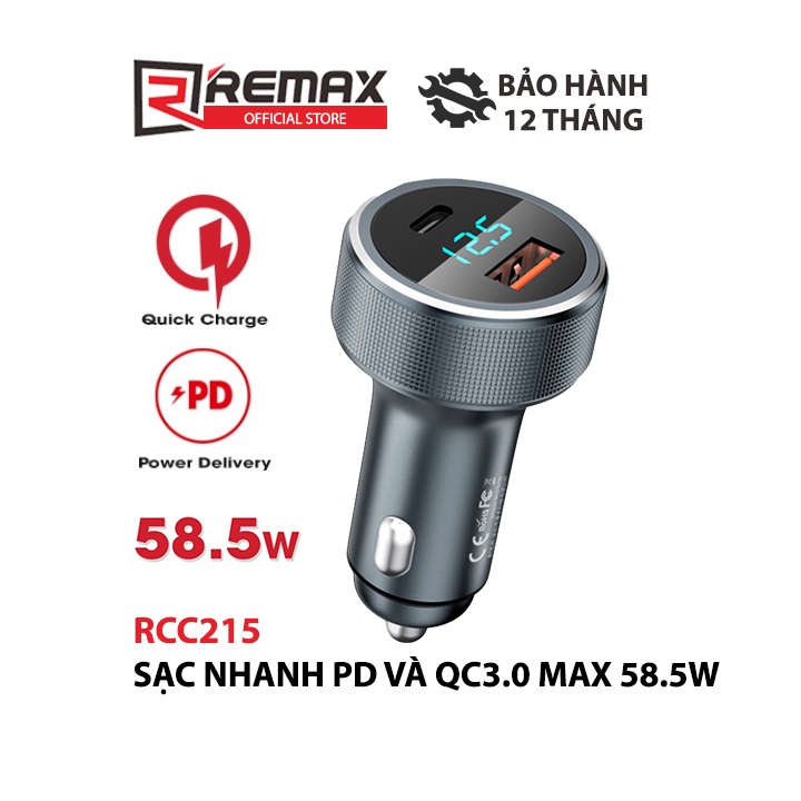 Cốc sạc nhanh xe hơi Remax RCC215 chuẩn PD và QC3.0 max 58.5W (1 cổng USB và 1 cổng Type C)