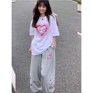Set ulzzang nữ áo phông trắng in hình trái tim pinky + quần baggy thun bo chun thể thao mặc mùa hè siêu mát siêu xinh
