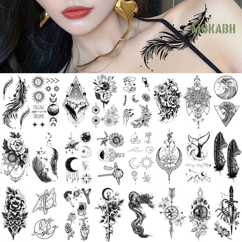 Set 5 Hình Xăm Dán Họa Tiết Trắng Đen Không Phai Màu Có Thể Tháo Rời