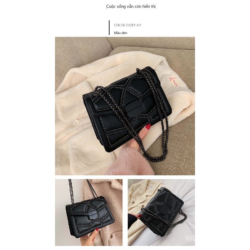 Túi Đeo Chéo Hình Vuông Cỡ Nhỏ Đính Đinh Tán Phối Dây Xích Thời Trang Mùa Đông Cổ Điển Cho Nữ