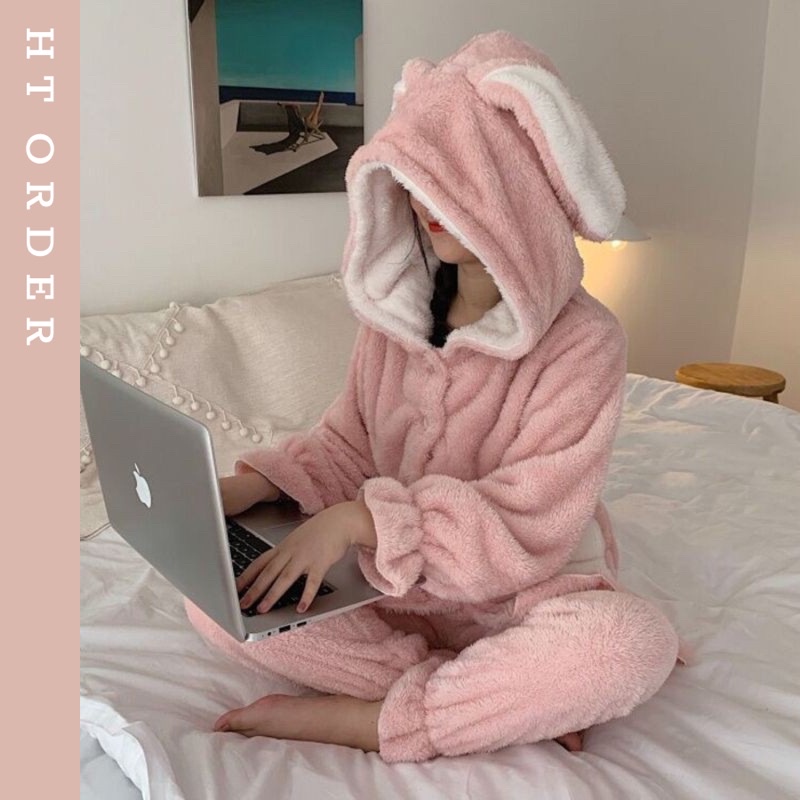(Sẵn)ORDER_ Bộ ngủ bông thỏ túi tim màu hồng phối trắng mũ hai lớp chất lông mềm mịn cho thời tiết mùa đông