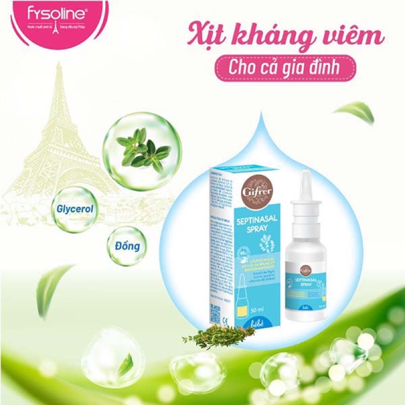 Fysoline - Xịt muối Kháng khuẩn Pháp 50ml - Hỗ trợ nghẹt mũi, viêm mũi, sổ mũi